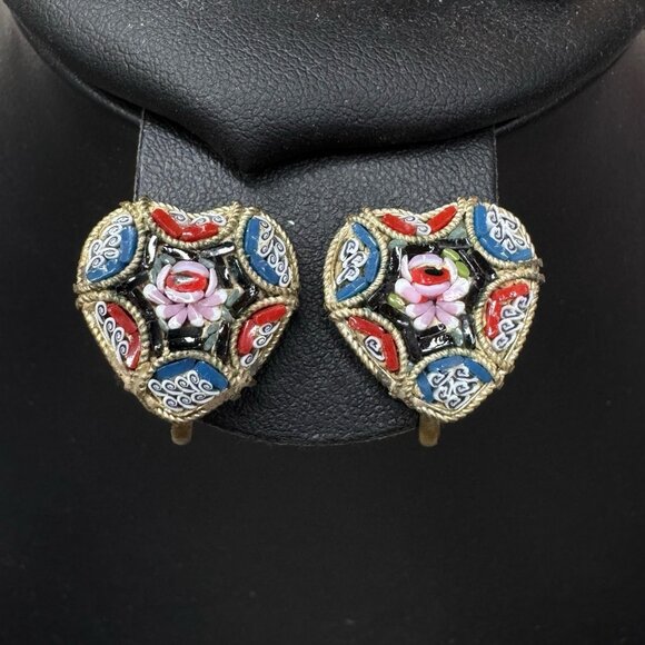 Vintage Jewelry - Vtg Heart Shaped Micro Mosaic Glass Italy Screw Back Earrings Huggie Victorian